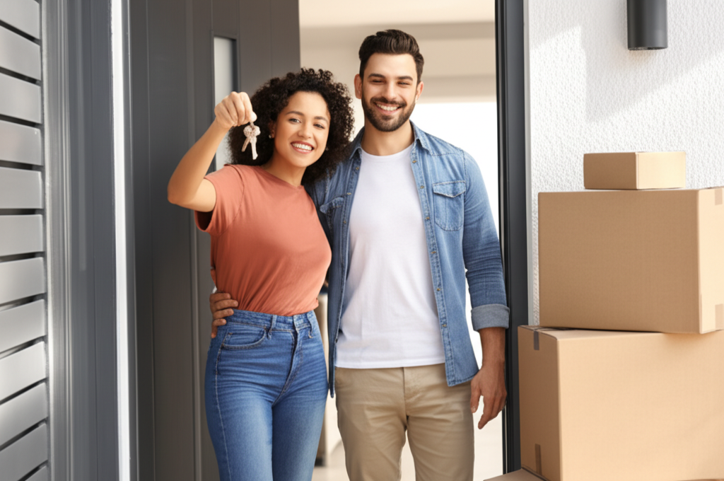 New homeowner receiving keys with LandLock property protection - fraud prevention for new buyers